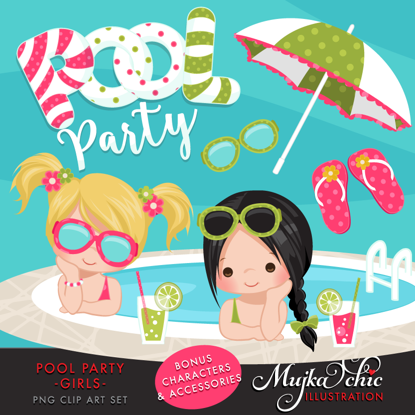 Girls pool party clipart , po