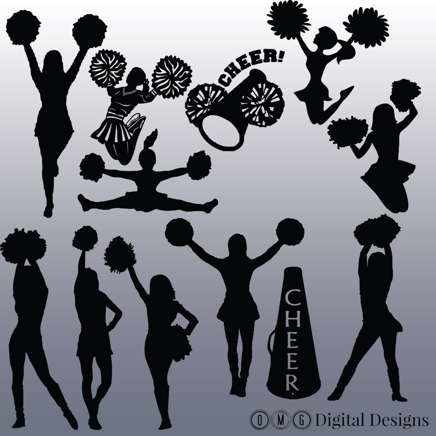12 Cheerleader Silhouette Digital Clipart Images, Clipart Design Elements, Instant Download, Black Silhouette Clip art