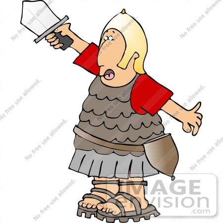 #14431 Roman Soldier In Uniform Holding Up A Sword Clipart