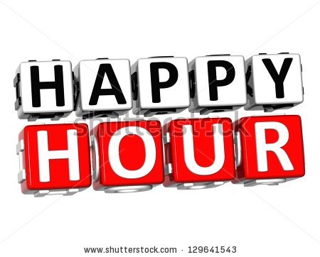 3D Happy Hour Button Click Here Block Text over white background