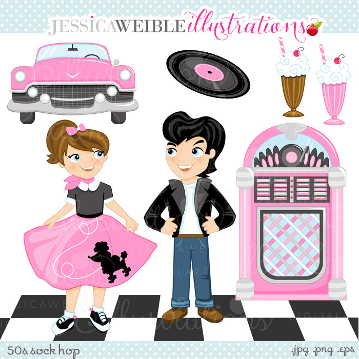 50s Sock Hop Cute Digital Clipart for Commercial or Personal Use, Retro Clipart, 50s Clipart, Poodle Skirt, Drive In Graphics