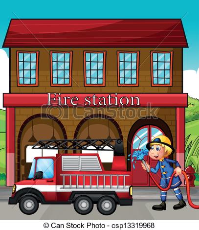 ... A fireman and a fire truck in front of the fire station -.