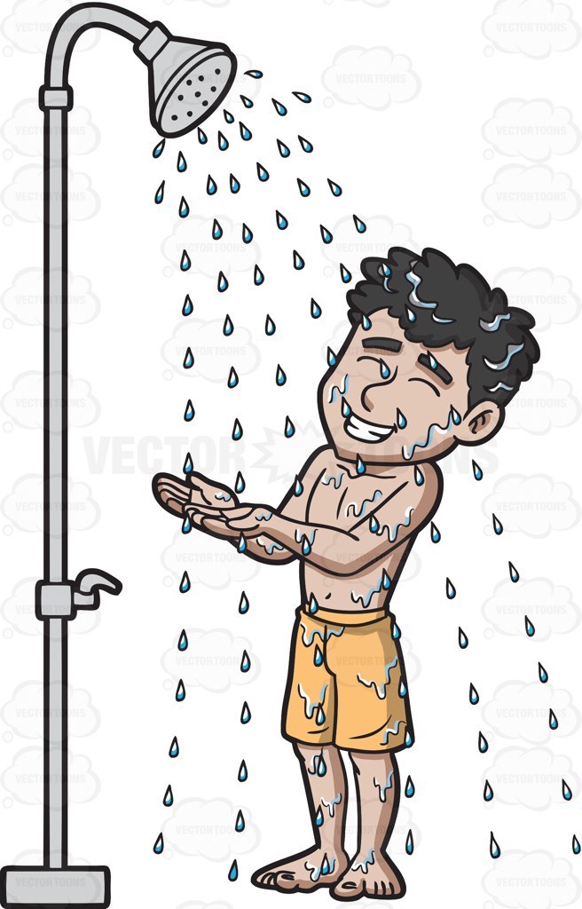 A happy man taking a shower