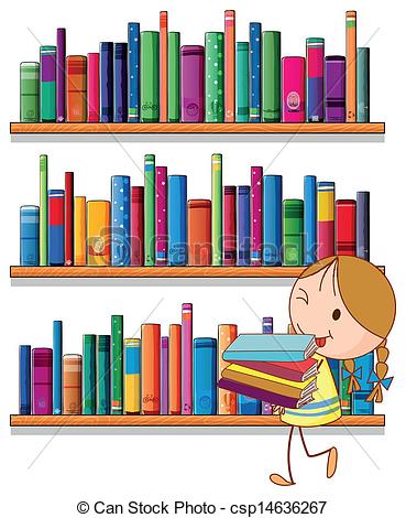 ... A little girl in the library - Illustration of a little girl.