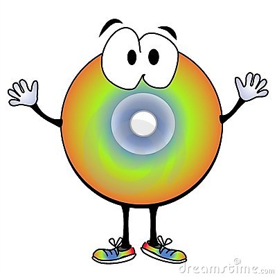 A silly CD or DVD cartoon character with big eyes and rainbow colored shoes to match his snazzy cd glow outfit.