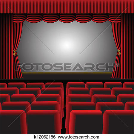 A vector illustration of a cinema or theatre with red upholstery and fittings, with a screen and room for text