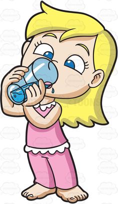 A young girl drinks water after waking up #cartoon #clipart #vector #vectortoons