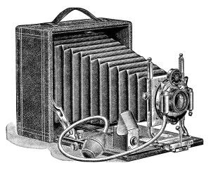 aged paper ephemera, old fashioned camera image, black and white clipart, antique camera