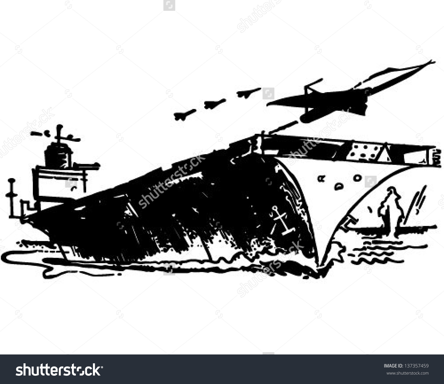 Aircraft Carrier - Retro Clip Art Illustration