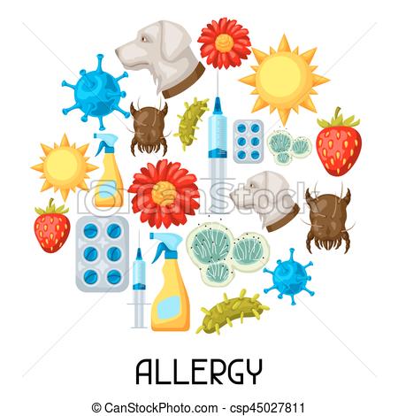Allergy. Background With Allergens And Symbols. Vector Illustration For  Medical Websites Advertising
