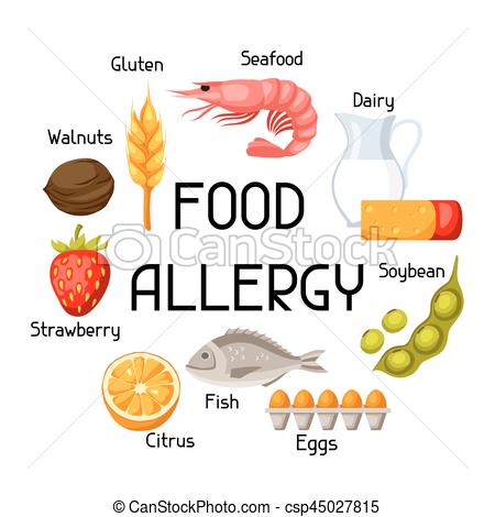 Food Allergy Background With Allergens And Symbols. Vector Illustration For  Medical Websites