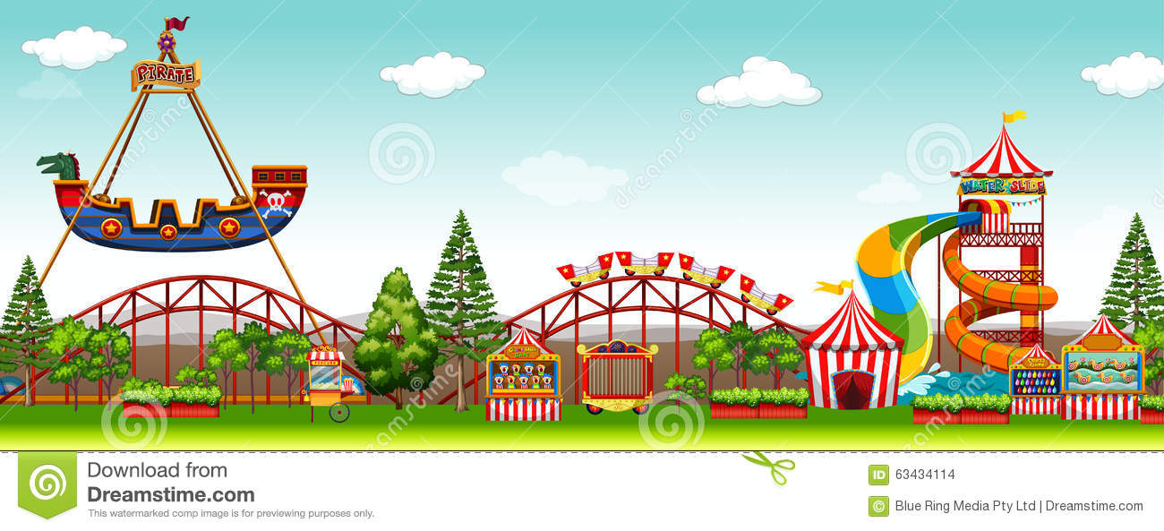 Amusement park scene with rides