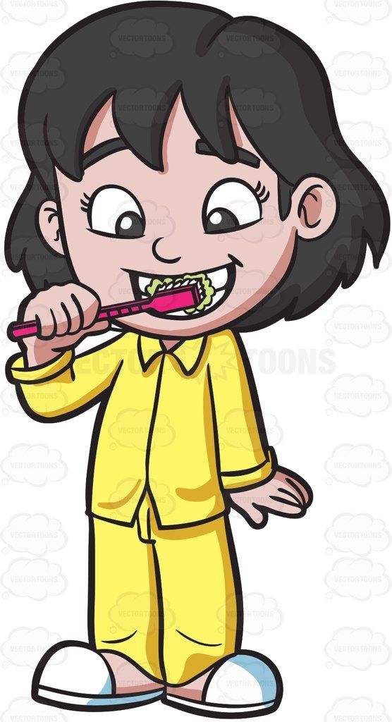An adorable girl brushing her teeth before bedtime #cartoon #clipart #vector #vectortoons