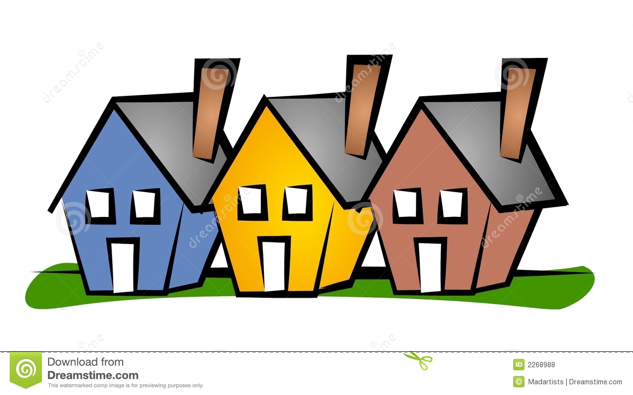 An Illustration Of A Single Row Of 3 Houses In Blue Yellow And Red