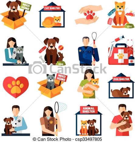 ... Animal shelter icons set with volunteers with cats and dogs.