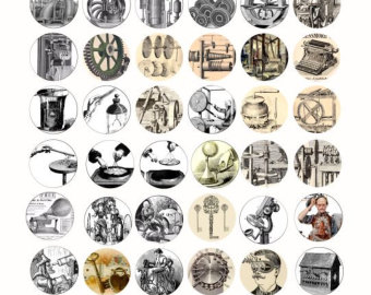 antique machines inventions steampunk clip art 1 inch circles collage sheet digital Download graphics images art printables vintage machine