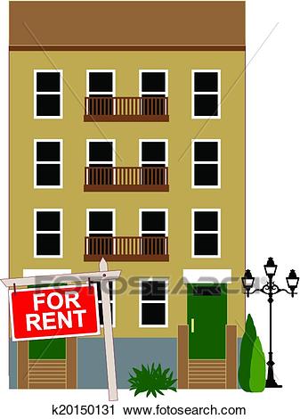 Apartment building with a sign for rent, vector illustration