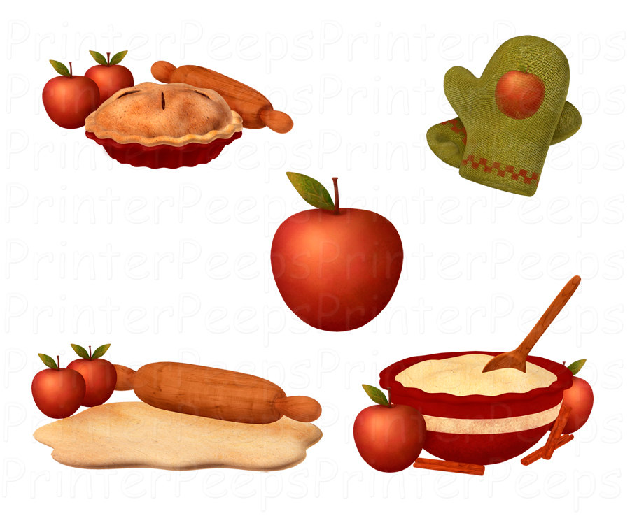Apple Pie Clipart Scrapbook Pack Digital Scrapbooking Rolling Pin Baking Oven Mitts Bowl of Dough Wooden Spoon INSTANT Download PNG