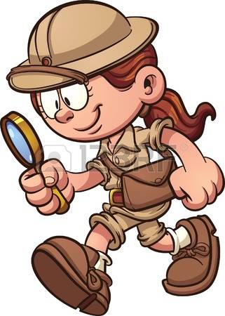 archaeologist: Cartoon safari girl using a magnifying glass. Vector clip art illustration with simple
