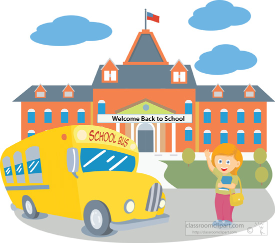 around the globe clipart. school building with bus .