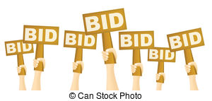 Auction stamp Clip Art Vectorby roxanabalint2/172; Bidders - Hands holding BID sign to buy from auction.