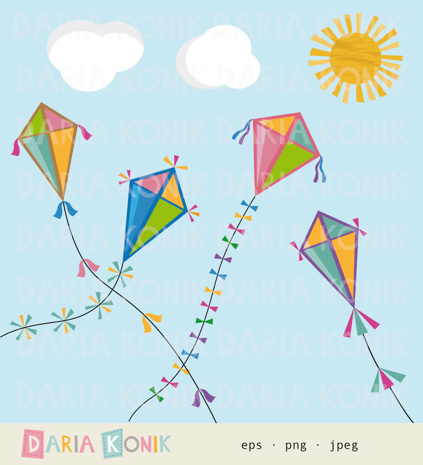 Autumn Kites Clip Art Set-autumn clipart, fall clipart, kite clipart,  colorful kites, clouds, sun, eps, png, jpeg, instant download