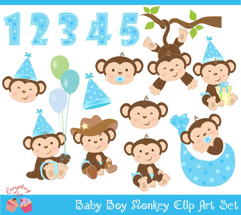 Baby Boy Monkey Clip Art Set  - Baby Monkey Clipart