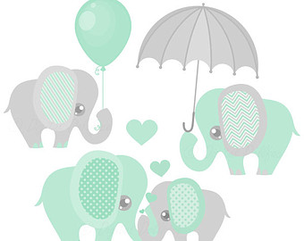 Baby Elephant Decor Clipart / Printable Elephant Baby Shower Clip Art, mint and grey