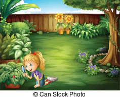 Backyard with cartoon cat and dog Clipartby clairev10/1,342; A girl studying the plants in the garden - Illustration of a.
