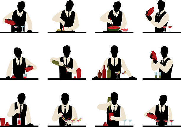 Set of silhouettes of a bartender prepares cocktails vector art illustration