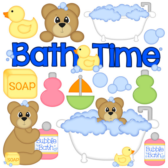 Bath Time Digital Clipart - Set of 14 - Bath Tub, Bear, Bubbles,
