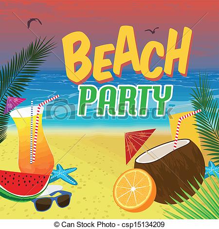 ... Beach Party poster background with palm leaves and cocktails.