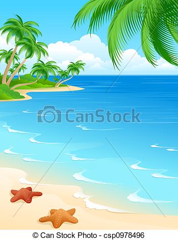 Beach with palm trees Clip Artby gurza22/2,329; Beach scene background with starfish and palms