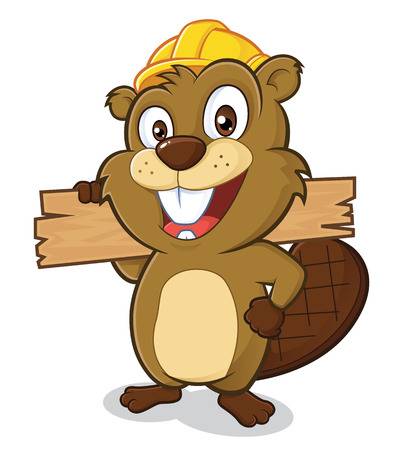 Beaver wearing a hard hat and holding a plank of wood
