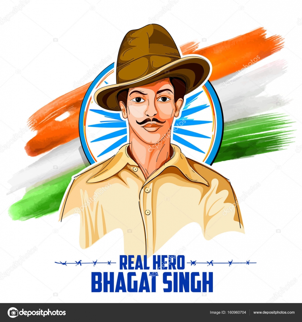 Ulus kahraman ve özgürlük savaşçısı Bhagat Singh Bağımsızlık günü için üç  renkli Hindistan arka plan u2014