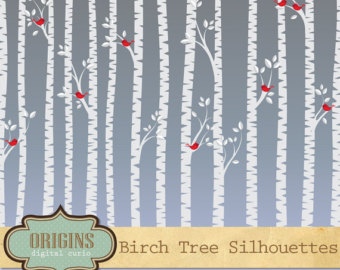 Birch Tree Silhouettes Clipart, Birch Tree Clipart, Tree clip art, Little Red Birds - PNG and Vector Clipart Set Commercial Use
