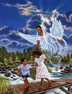 Black African Art | African American religious clipart of black angel  watching over black .
