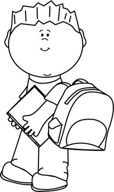 Black and White Boy Carrying Book to School Clip Art - Black and White Boy Carrying