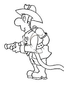 Black And White Cartoon Of A Firefighter Holding A Firehose