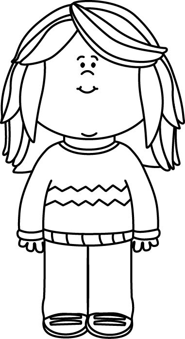 Black and White Girl Wearing a Sweater Clip Art - Black and White Girl Wearing a