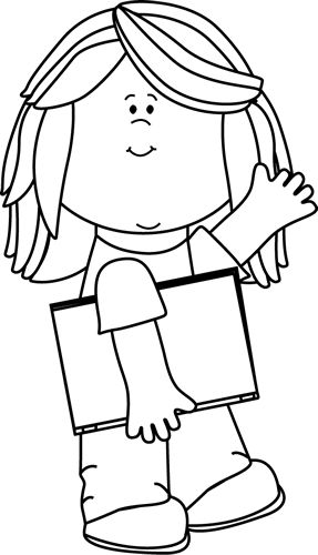 Black and White Girl with Book Waving Clip Art - Black and White Girl with Book Waving Image
