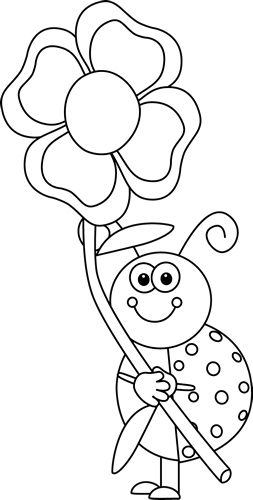 Black and White Laydbug Holding a Flower clip art image. A free Black and White Laydbug Holding a Flower clip art image for teachers, classroom lessons, ...