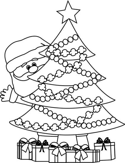 Black And White Santa Behind Christmas Tree Clip Art Black And White