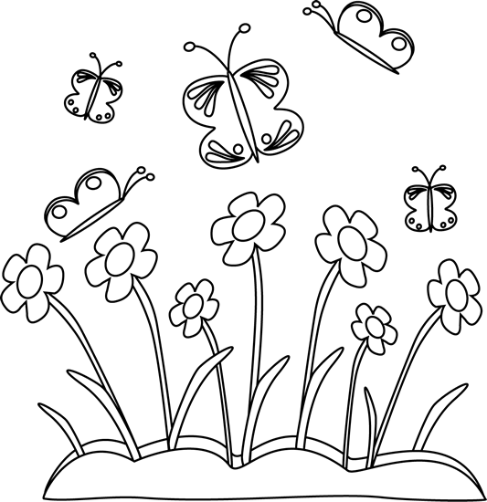 Black And White Spring Flowers And Butterflies Clip Art Black