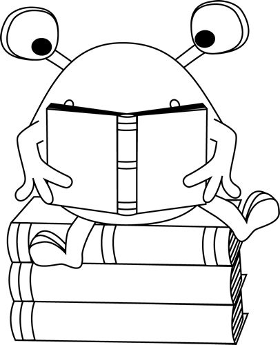 Black and White Two-Eyed Monster Reading Clip Art - Black and White Two-