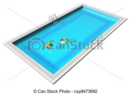 ... Blue swimming pool with beach ball and lifesaver isolated on.