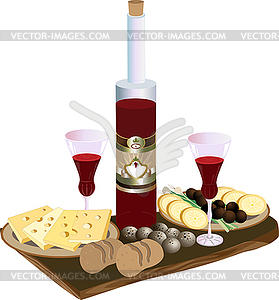 Bottle Of Red Wine Glasses Cheese And Quail Eggs Vector Clipart