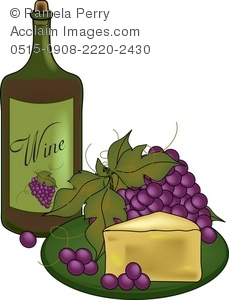 Bottle of Wine and a Plate of Cheese and Grapes Royalty-Free Clip Art Picture