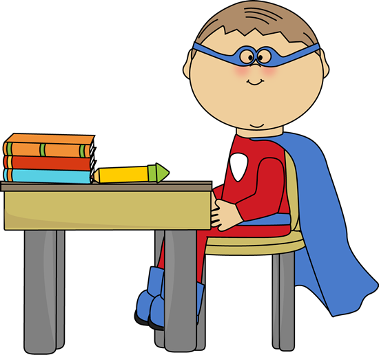 Boy Superhero at School Desk - Kid Superhero Clipart