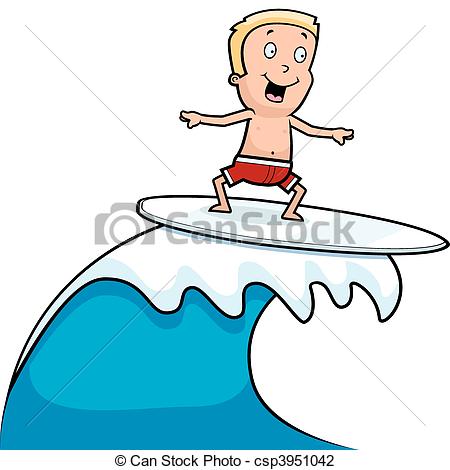 ... Boy Surfing - A happy cartoon boy surfing and smiling.